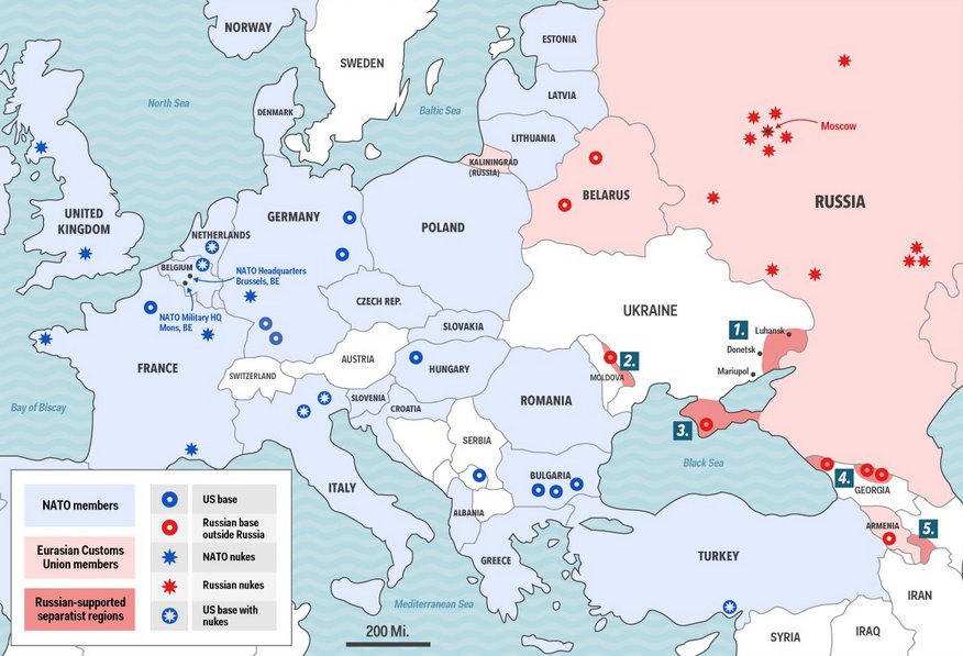 Les axes OTAN / Union eurasiatique et leurs bases avancées avec lanceur de missiles.