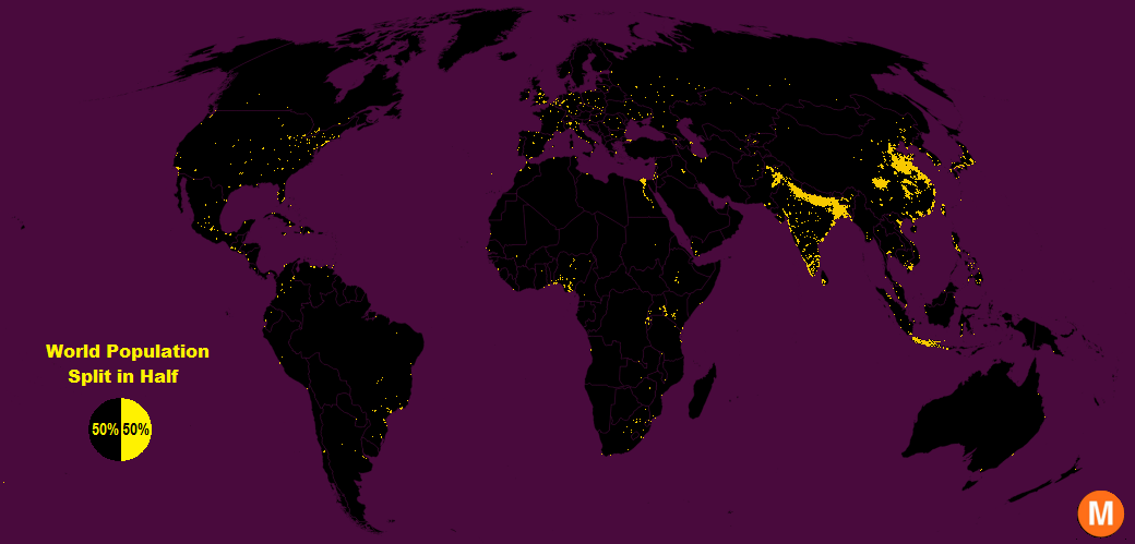 Une carte de la population mondiale . En jaune 50% de la population, en noir, les autres 50% !